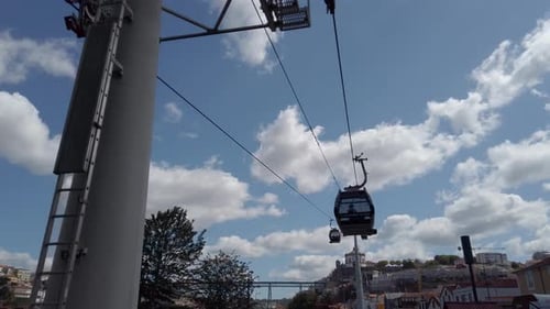 Occupants of cable cars travel up and down slope sightseeing on way