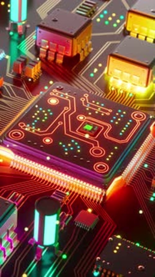 Detailed futuristic microchip with colorful lighting