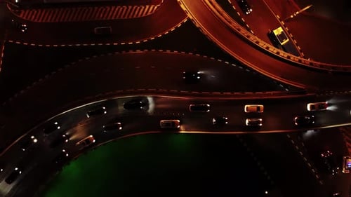 Road Wit Driving Cars Filmed at Night Time in Slow Motion Then in Time Lapse By Drone From Above
