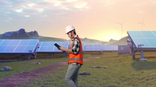 Side View of Asian Male Engineer Use Tablet While Walking on Energy Farm