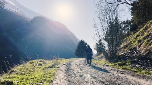 Old Man Hiking in the Mountains Stones Trees Wide View Sunset Sunrise