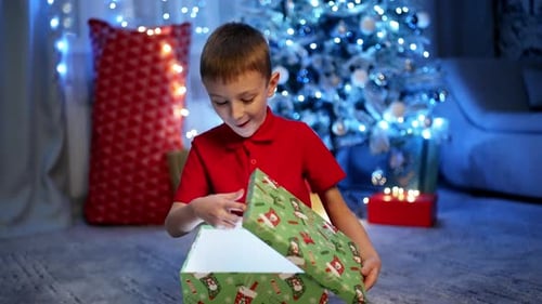 Excited Boy Opens Christmas Gift By Tree