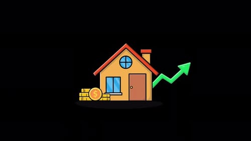 Animated House with Coin Stack and Arrow. Real Estate Price Rising Concept Video - Transparent