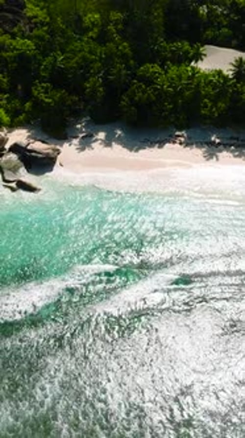 Clear Ocean Waves Hitting Rocky Beach with Tropical Greenery Seychelles Mahe