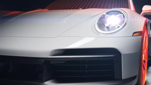Close-up of the white car front with the effect of scanning in a dark room