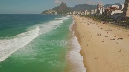 Rio de Janeiro, Brazil, aerial view, flying over famous Ipanema Beach on a sunny day