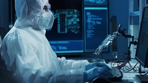 Microelectronics Engineer Works in a Modern Scientific Laboratory on Computing Systems and