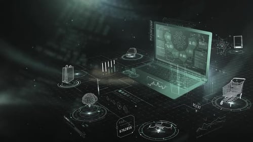 Laptop Showing Interface with Shopping and Delivery Icons in Augmented Reality