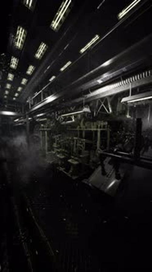 Engine Room Filled with Steam and Dim Lights Reveals Machinery in Action
