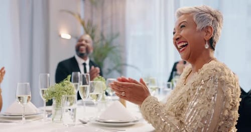 Senior woman, applause and happy at event, praise and respect with celebration for win and support