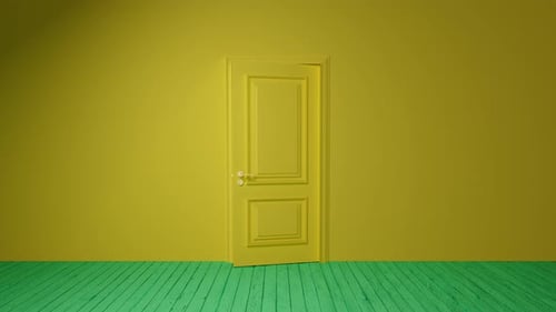 Yellow door opening on a dark room with green floor