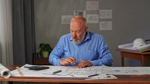 An Architect Sits in an Office at a Desk with Blueprints
