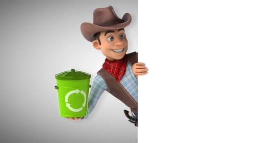 3D Cartoon Cowboy Character Holding Green Recycling Bin