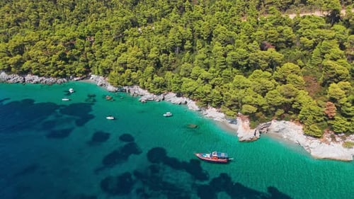Boats in crystal clear turquoise water along a lush green coastline, aerial view