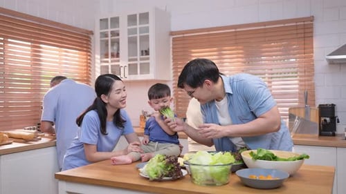 Family Prepares Lunch in Bright, Modern Kitchen