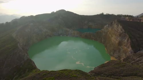 Aerial view of twin lakes with volcanic craters, Kelimutu, Indonesia.
