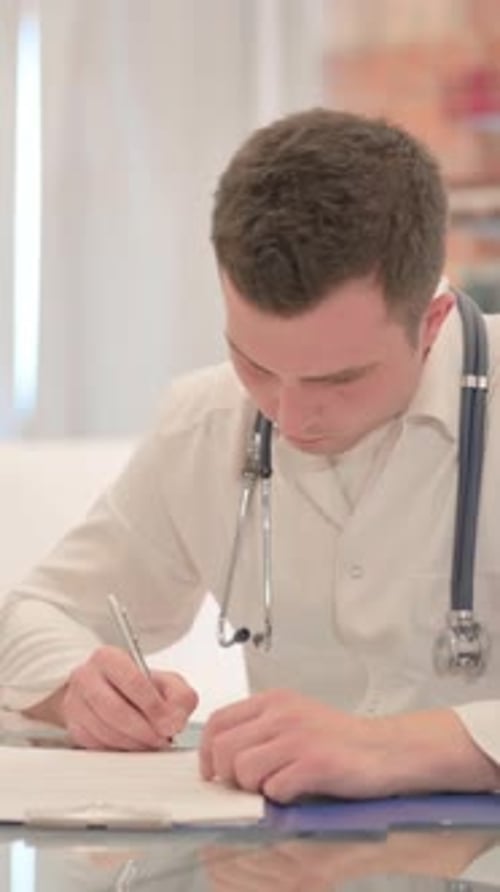 Doctor Writing on Paperwork in Clinic Setting
