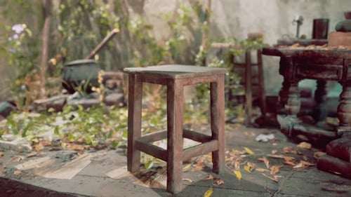 Rustic Wooden Stool in Overgrown Nature Scene Background