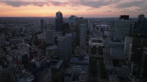 Aerial Footage of Group of Modern Office Skyscrapers in Futuristic Business District La Defense