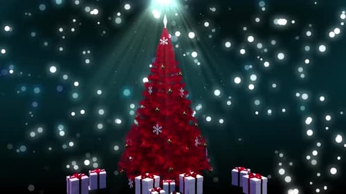 Sparkling Red Christmas Tree with Gifts and Falling Snow Animation