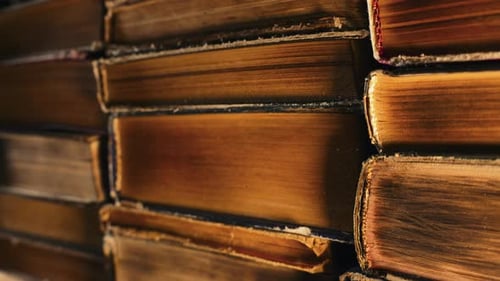 Library Stacks of Old Books Slider Moves on Aisle in Antique Shop Bookstore