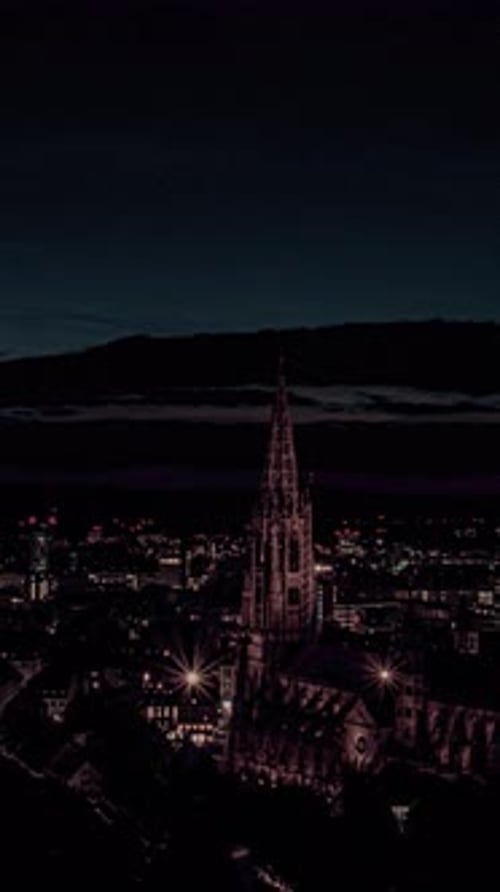Scenic City View with Church at Night