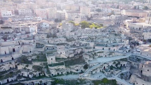 Drone panning shot in ancient city Matera in Italy.
