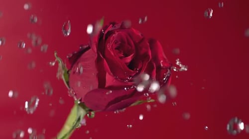 Red Rose Water Drops Slow Motion