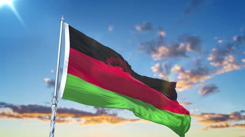 Malawi National Flag Waving Against Bright Sunny Sky
