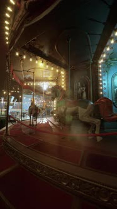 A Carousel in a Deserted Amusement Park at Night