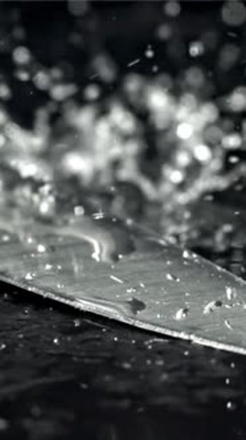 Drops of Water Fall on the Knife Filmed on a Highspeed Camera at 1000 Fps
