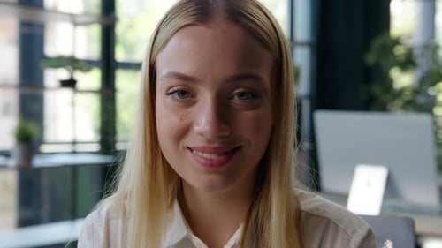 Close Up Smiling Happy Caucasian Business Woman Looking at Camera in Office Cheerful Girl