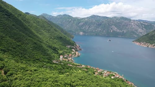 Aerial View of the Bay of Kotor Montenegro We are Flying By the Sea Bay