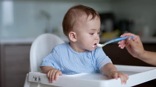 Sweet Baby Being Fed With a Spoon Indoors