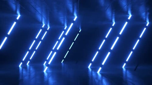 Ativando sequencialmente luzes de néon azul que iluminam gradualmente uma sala vazia escura e úmida, gerando