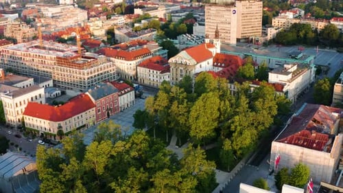 Congress Square With A View Of The Cityscape Of Ljubljana At Dawn In Slovenia. aerial, orbit