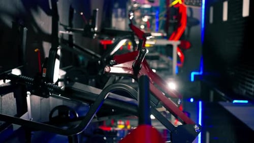 Vertical Video in the Gym in the Twilight There are Exercise Machines for Pumping Muscles Red Metal