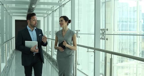 Business colleagues walking through office in a discussion
