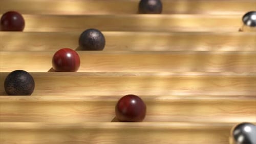 Animación 3D iluminada por el sol de esferas jaspeadas y metálicas corriendo por un laberinto de madera