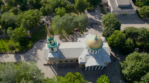 A top drone view of The Saviour's Transfiguration Cathedral a main Orthodox church of Dnipro, Ukrain