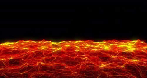 Abstract background with orange fiery waves and lines from triangles and points of energy magical li