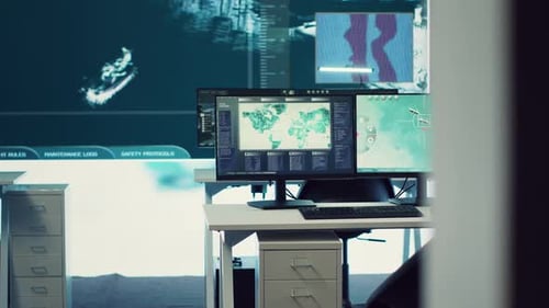 Empty Military Command Headquarters with a Big Screen Used for Reconnaissance