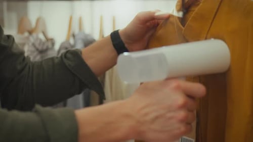 Ein fürsorglicher junger Mann, der in einer stilvollen Boutique arbeitet, räumt seine Kleidung mit einem Hightech-Dampfer auf