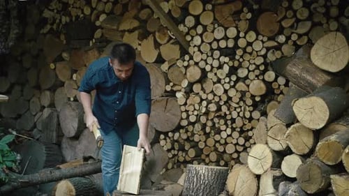 Winter Warmth Prep Guy Laboring to Gather Firewood for Farmhouse Fireplace