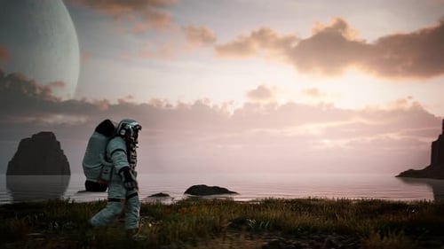 Astronaut Walks on Alien Planet with Large Moon Overhead