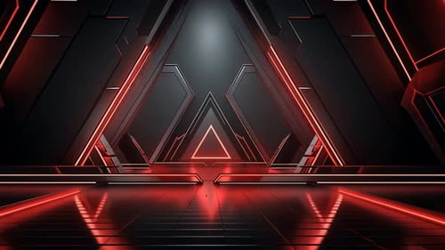 Futuristic, triangular, illuminated, metallic, dark, red, interior