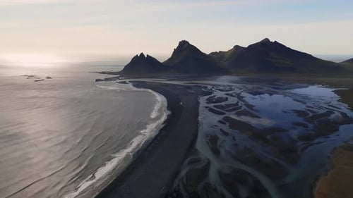 Aerial view of Mountains and Coastline, Iceland.