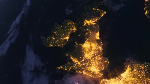 Ireland And Uk. View From Space Orbit. Planet Earth At Night. Night Globe