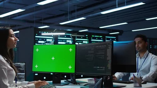 Der Systemadministrator verwendet einen austauschbaren Computermonitor für die Arbeit am Server Hub zur Sicherheitsüberwachung
