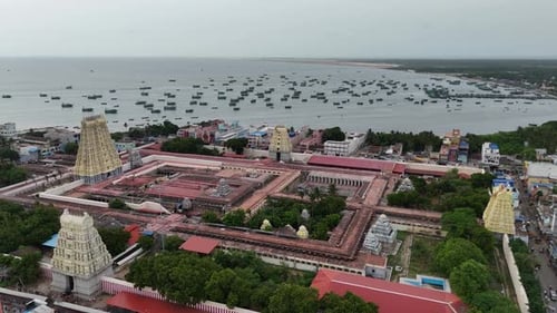 An aerial video of the Ramanathaswamy Temple in Rameshwaram sacred Hindu pilgrimage site. camera wou